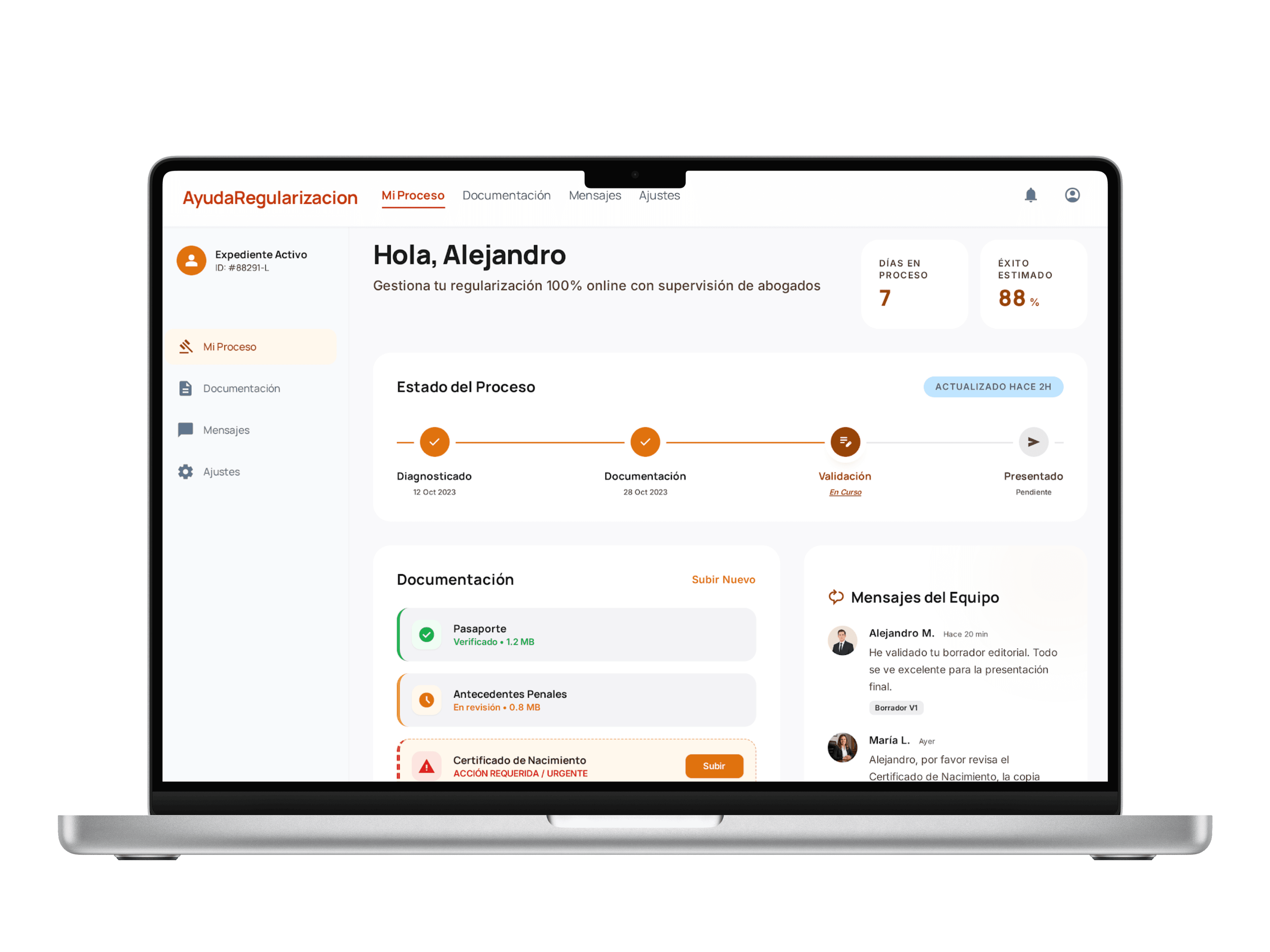 Vista de la plataforma de regularización en ordenador