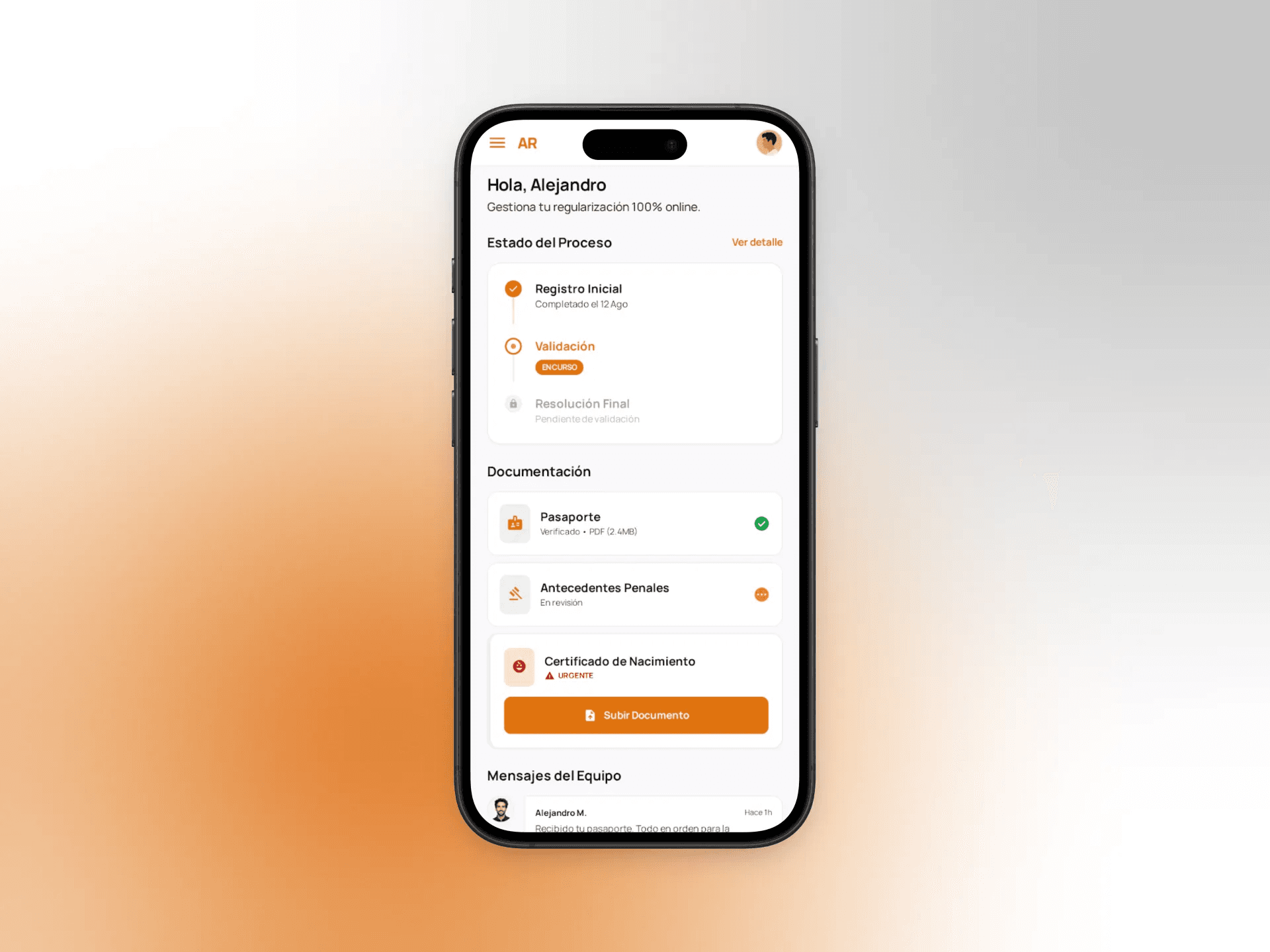 Vista móvil de la app para gestionar el proceso